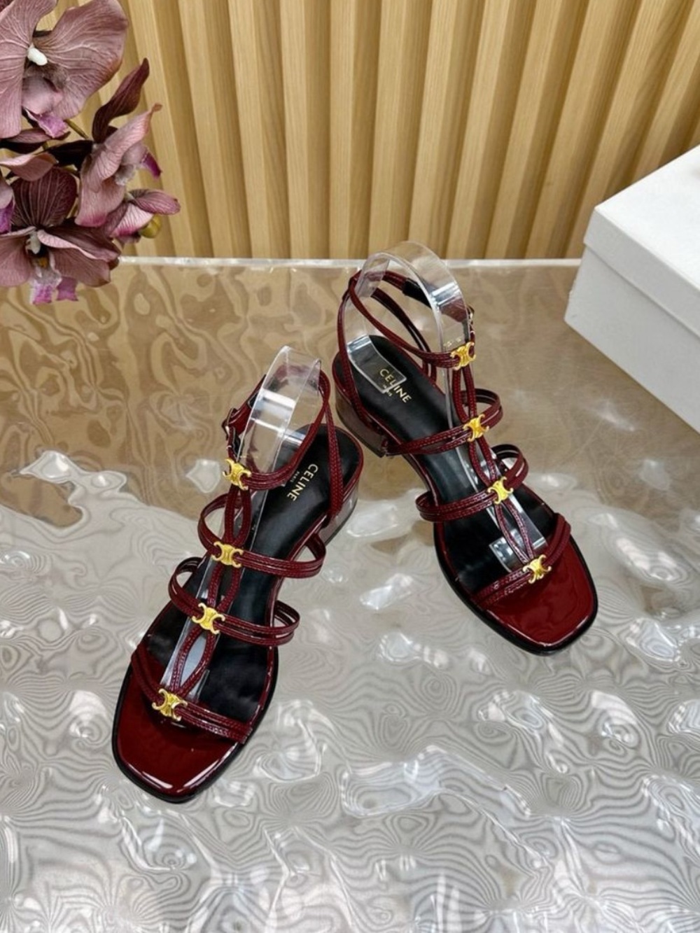 Celine Burgundy Patent Strappy Mid-Heel Sandals size 9